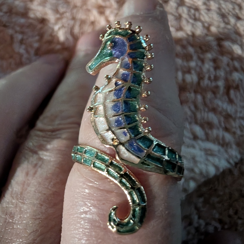 Seahorse Ring Adjustable - Green, Blue, Gold - Picture 2 of 6